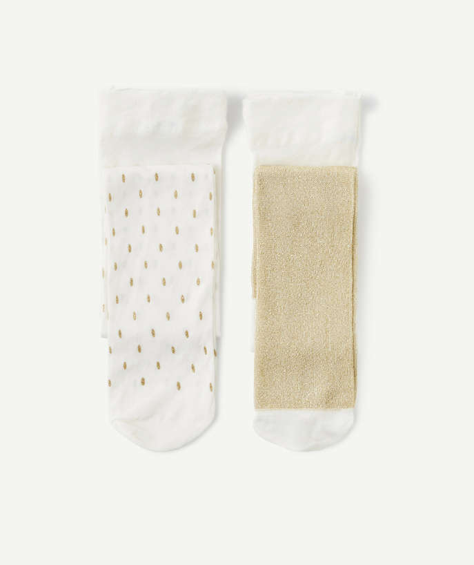 Party outfits Tao Categories - SET OF 2 PAIRS OF WHITE AND GOLD BABY GIRL TIGHTS WITH GLITTER DETAILS