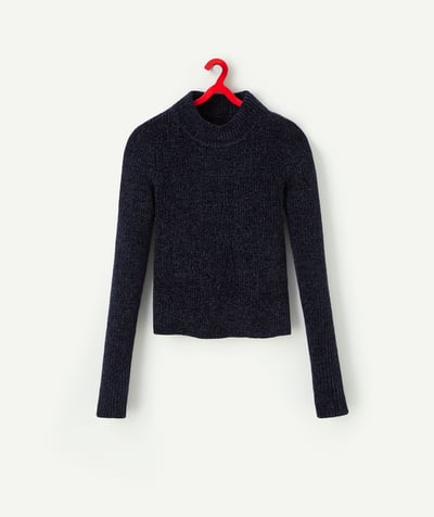 Pull - Gilet Categories Tao - PULL MANCHES LONGUES FILLE EN MAILLE CHENILLE BLEU
