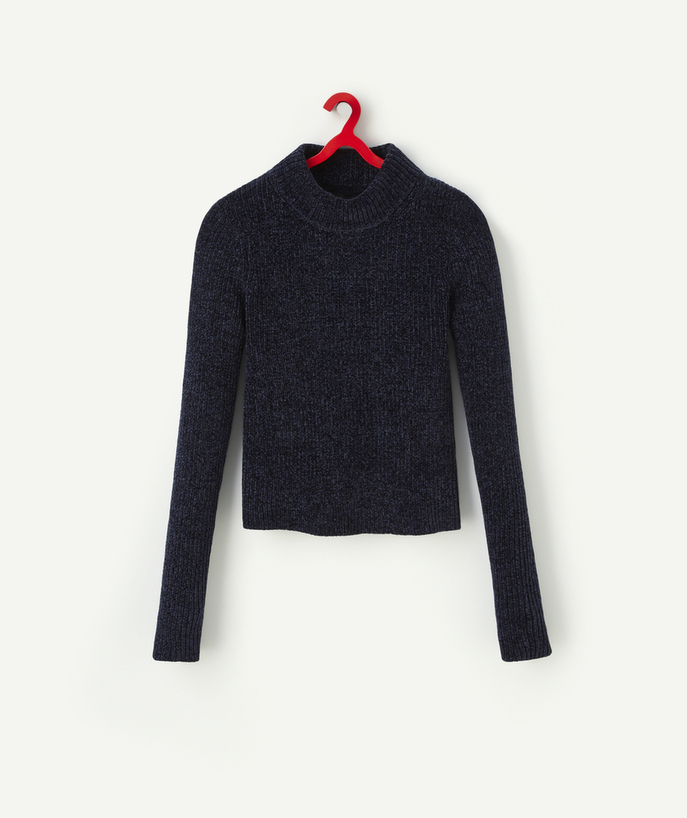 Pullover - Cardigan Nouvelle Arbo   C - GIRLS' LONG-SLEEVED BLUE KNITTED CHENILLE JUMPER