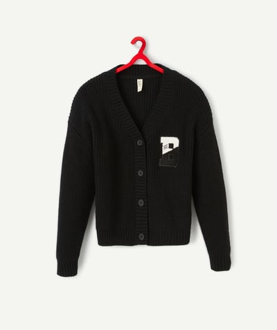 Private sales Tao Categories - GIRLS' BLACK KNITTED CARDIGAN WITH A BOUCLE LETTER PATCH