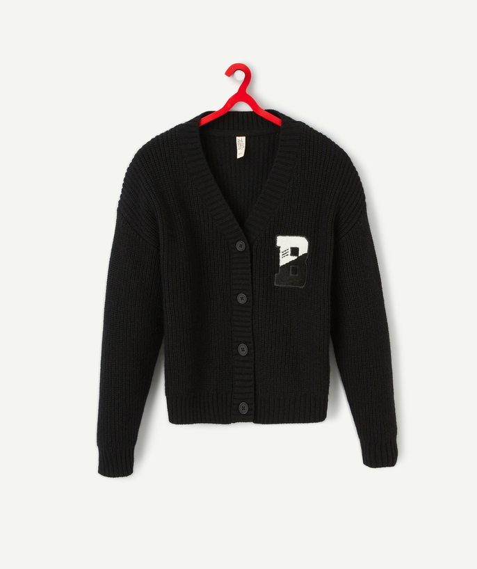 Pullover - Cardigan Tao Categories - GIRLS' BLACK KNITTED CARDIGAN WITH A BOUCLE LETTER PATCH