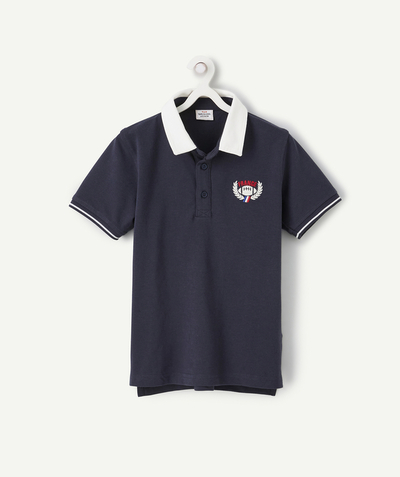 Bons plans Nouvelle Arbo   C - BOYS' NAVY BLUE AND WHITE ORGANIC COTTON POLO SHIRT WITH A MESSAGE ON THE BACK