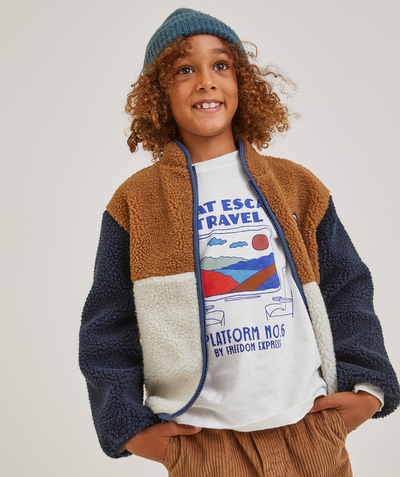 New collection Nouvelle Arbo   C - BOYS' SHERPA ZIP-UP CARDIGAN IN NAVY, CAMEL AND WHITE