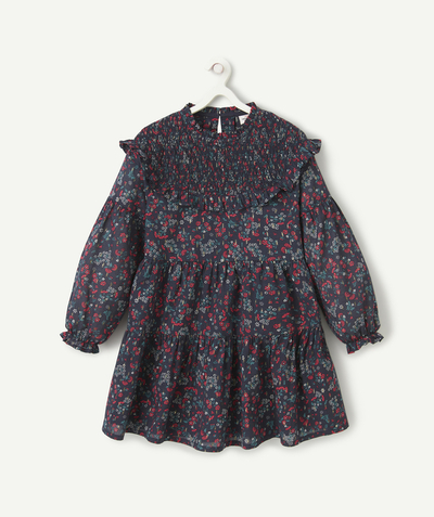 Private sales Tao Categories - NAVY BLUE COTTON GIRL'S DRESS WITH RED AND GREEN FLORAL PRINT
