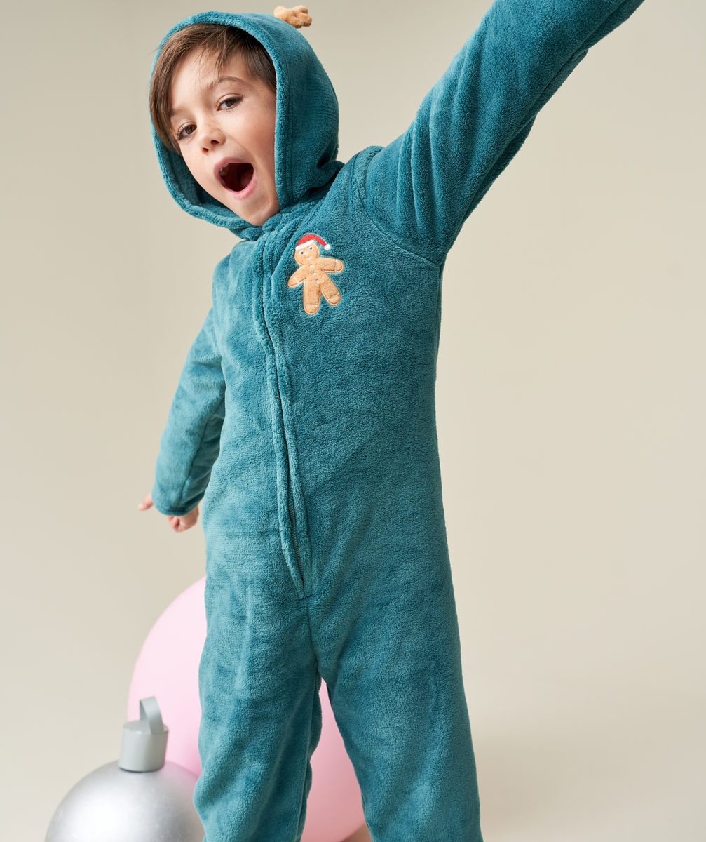 Surpyjama de noël garçon en fibres recyclées vert avec capuche et oreilles de cerf - 10 A