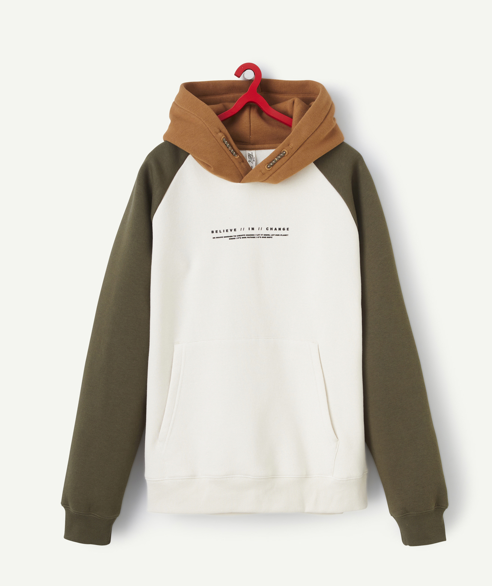 Sweat à capuche garçon en fibres recyclées écru kaki et marron avec message - XXS