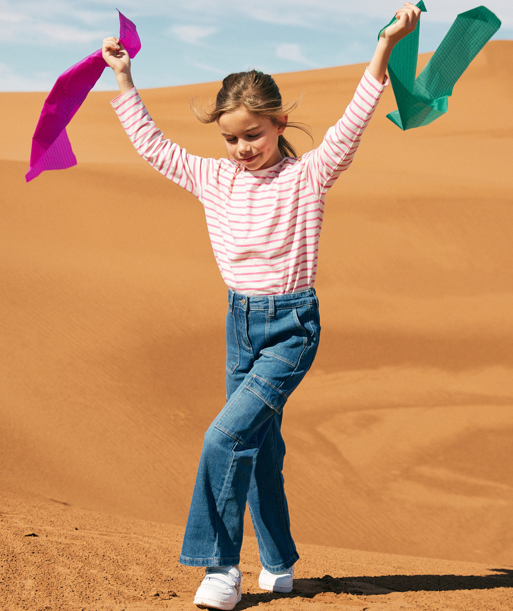 Pantalon wideleg cargo fille en denim bleu low impact - 4 A