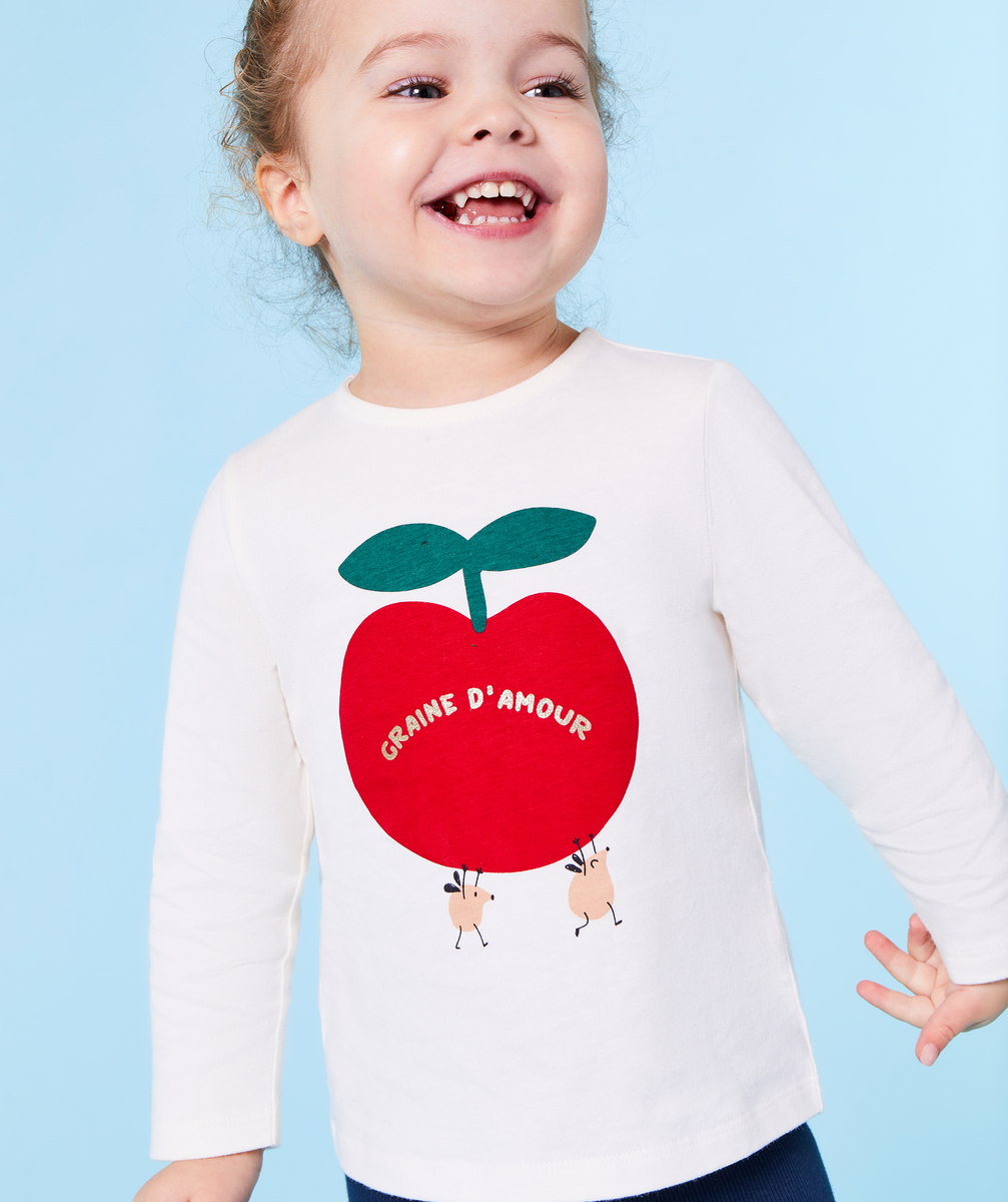 T-shirt manches longues bébé fille en coton bio écru thème pomme - 6 M