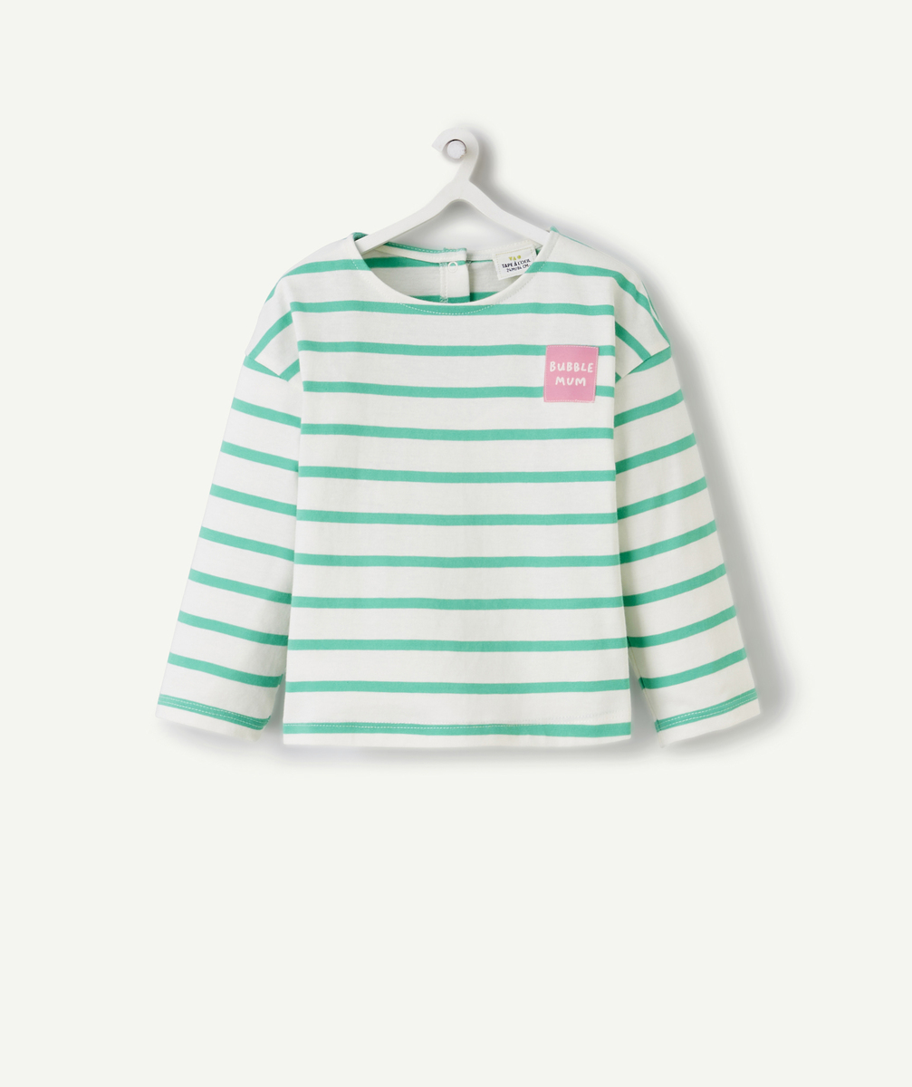T-shirt bébé fille en coton bio blanc à rayures vertes avec patch brodé rose - 3 M