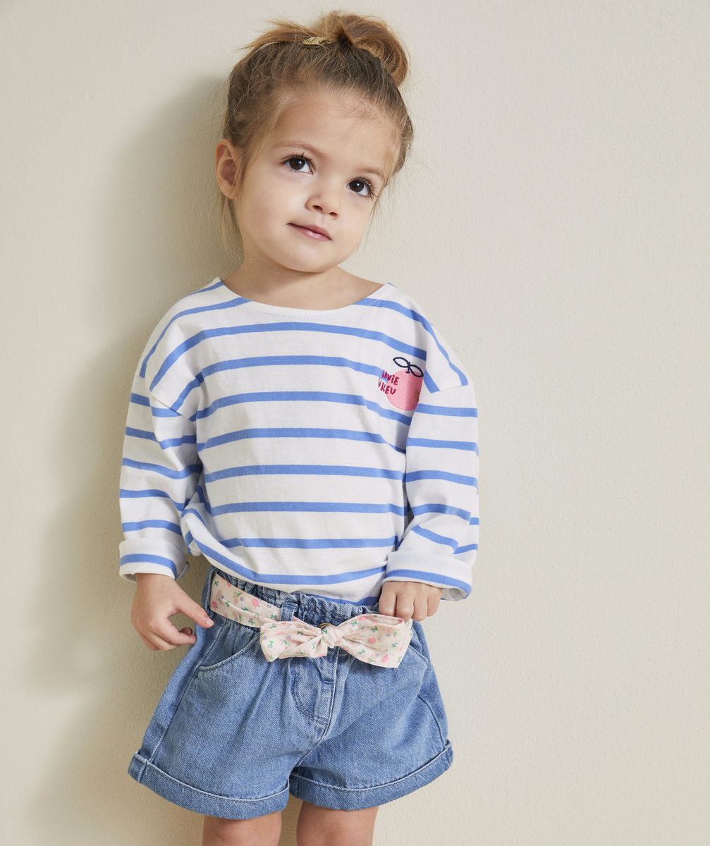 T-shirt bébé fille en coton bio imprimé à rayures bleues avec motif fruit - 6 M