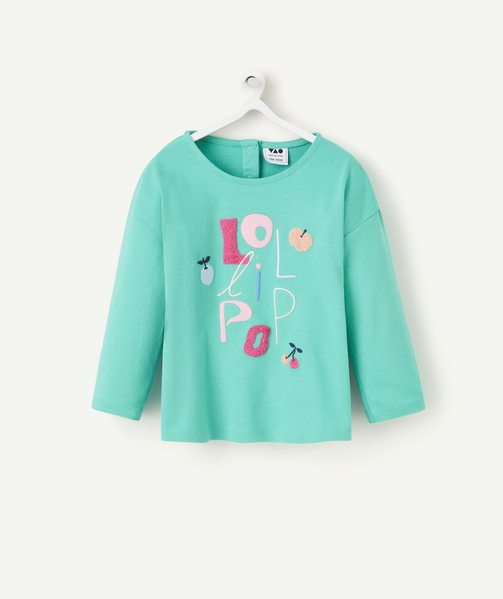 T-shirt manches longues bébé fille en coton bio vert avec détails bouclettes - 18 M