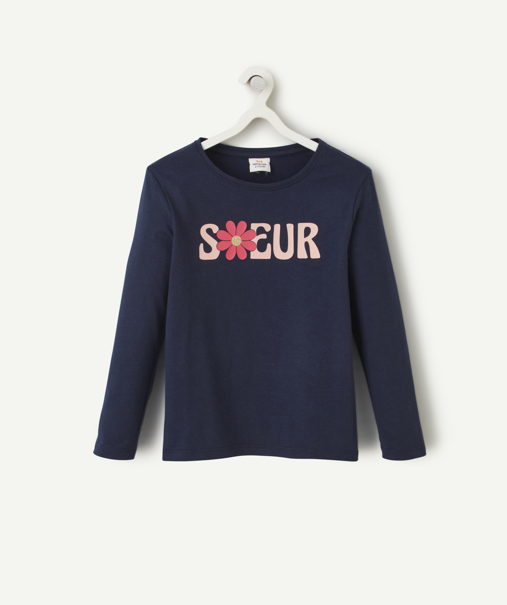 T-shirt fille en coton bio bleu marine avec message soeur rose - 5 A