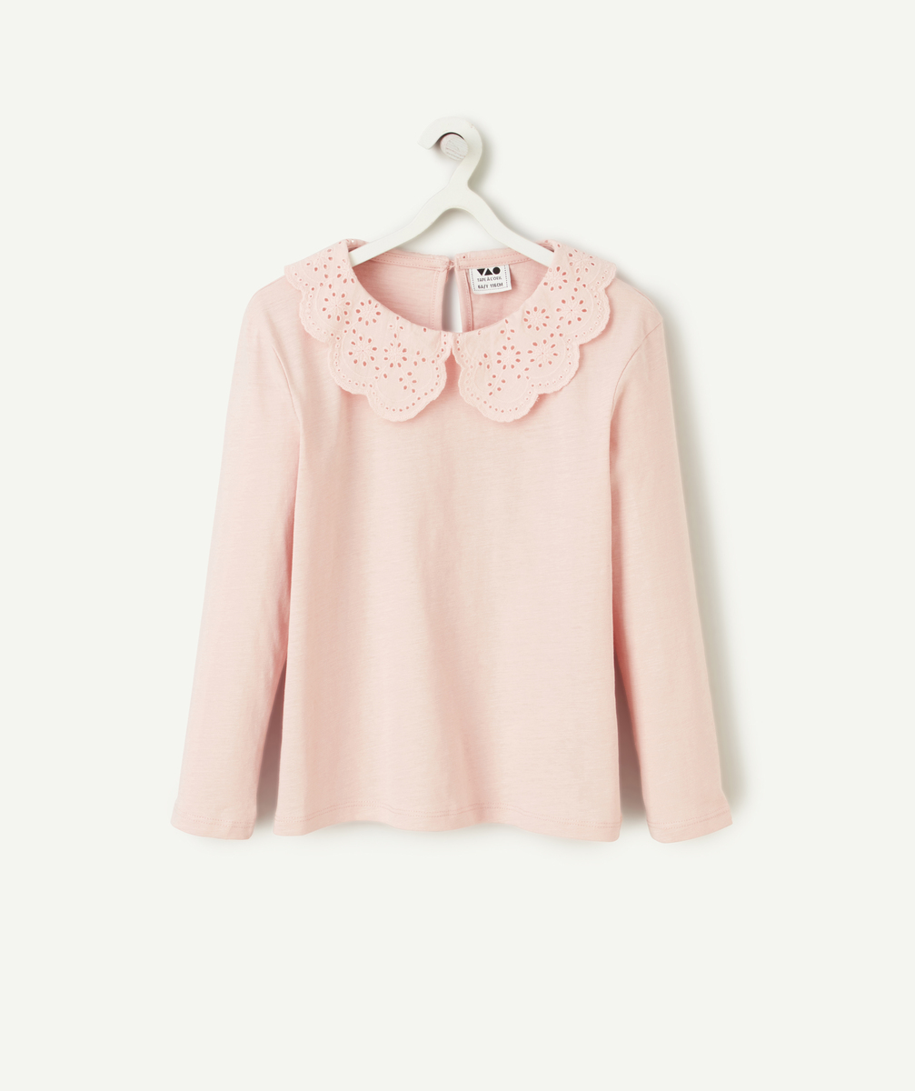 t-shirt fille en coton biologique rose avec col claudine brodé - 10 a