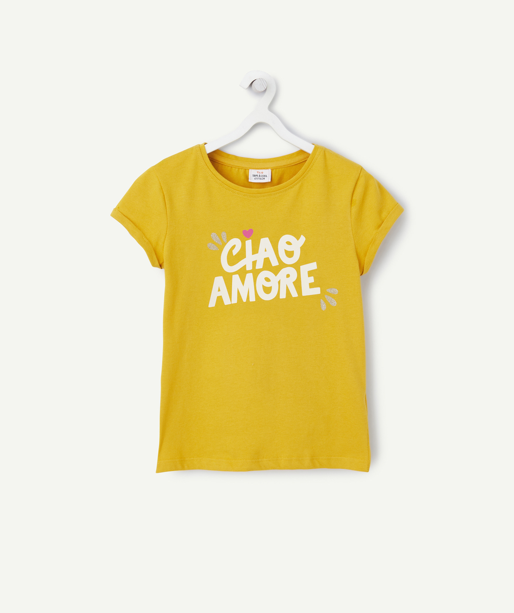 T-shirt manches courtes fille en coton bio jaune avec message
