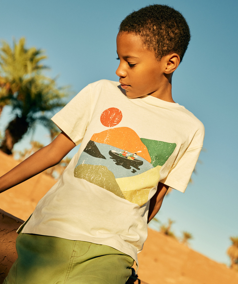 T-shirt manches courtes garçon en coton bio écru thème canoë - 10 A