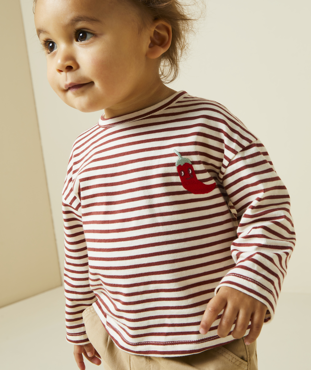 T-shirt bébé garçon en coton bio rayé et poivron brodé - 9 M