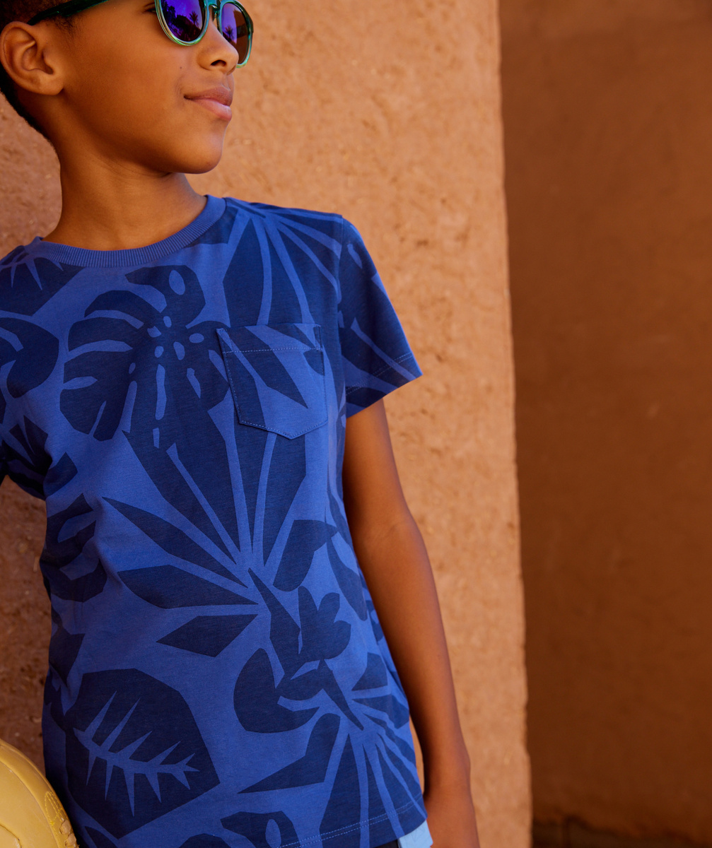 T-shirt garçon en coton bio bleu imprimé feuillage - 5 A