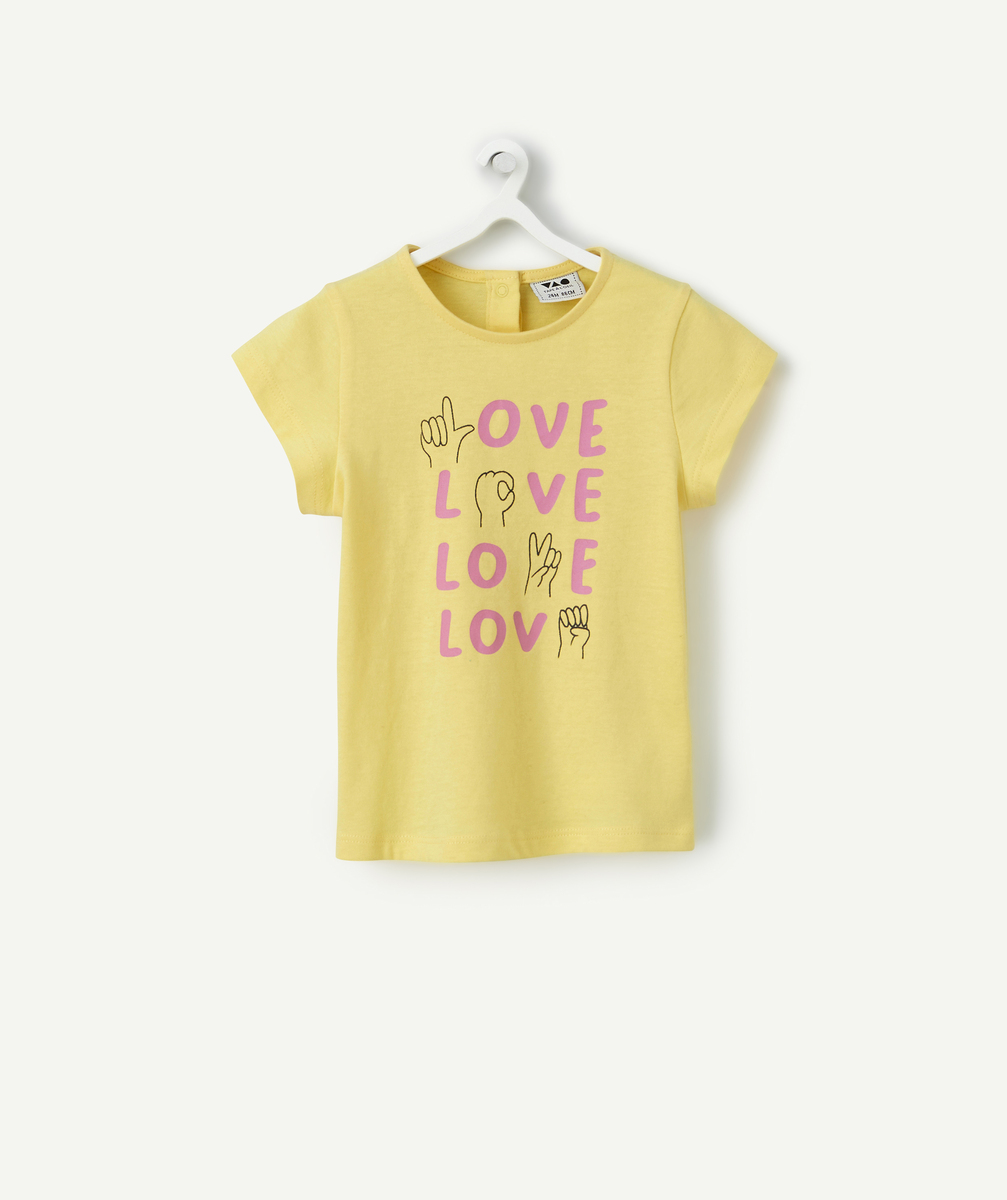 T-shirt manches courtes bébé fille en coton bio jaune avec motif love - 3 M