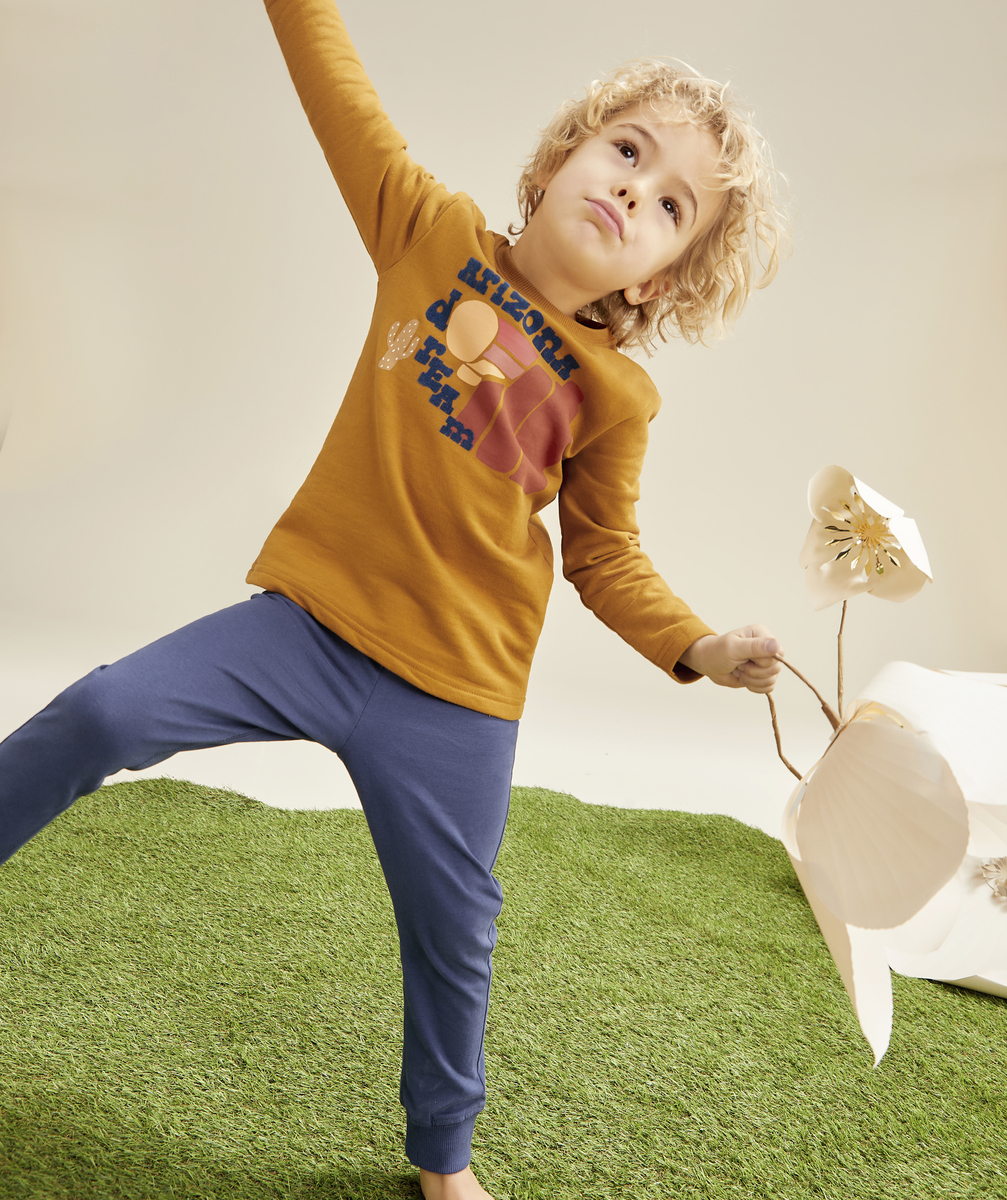 Pyjama garçon en coton bio marron et bleu avec message et motifs - 5 A