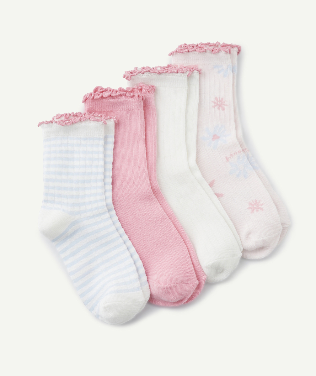 lot de 4 chaussettes hautes fille rose et blanc avec bords festonnés - 38-40