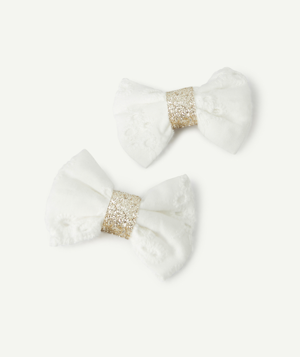 Lot de 2 barrettes bébé fille avec noeud blanc brodé couleur dorée - TU