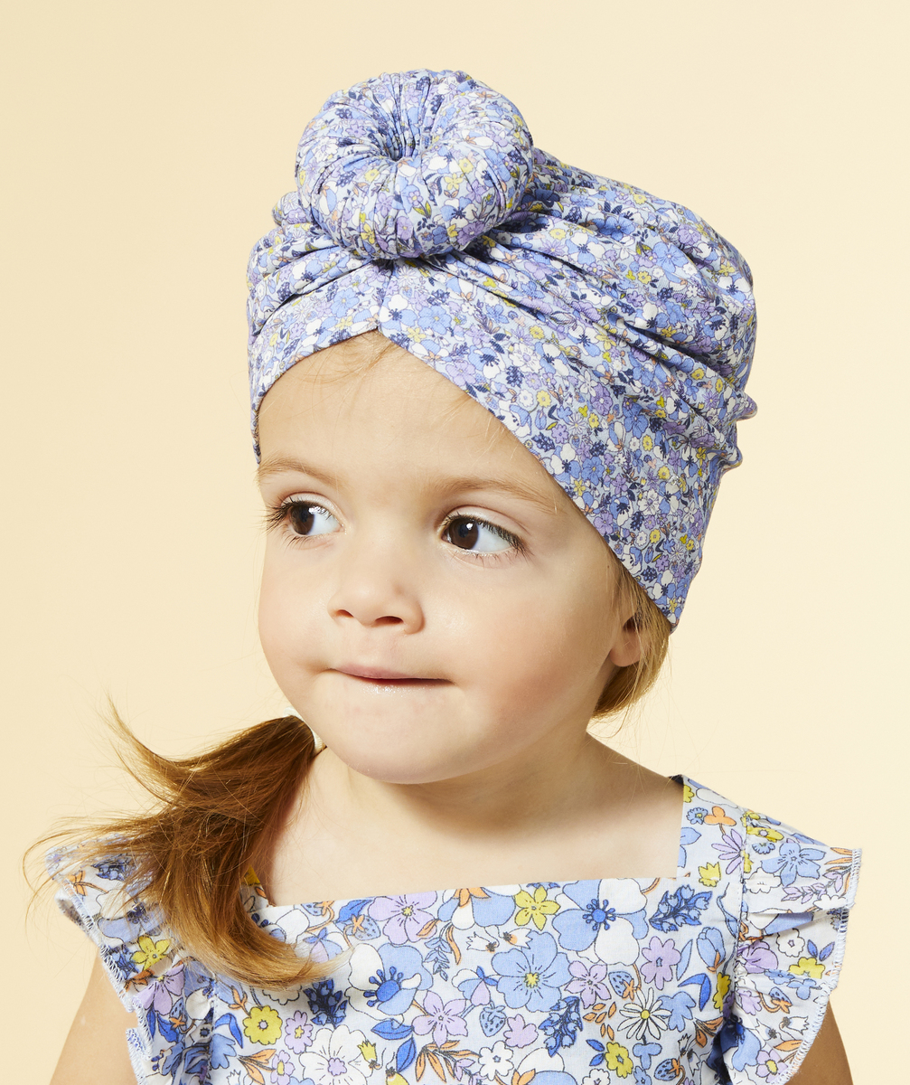 Turban bébé fille bleu avec imprimé fleuri et rond - 9-18M