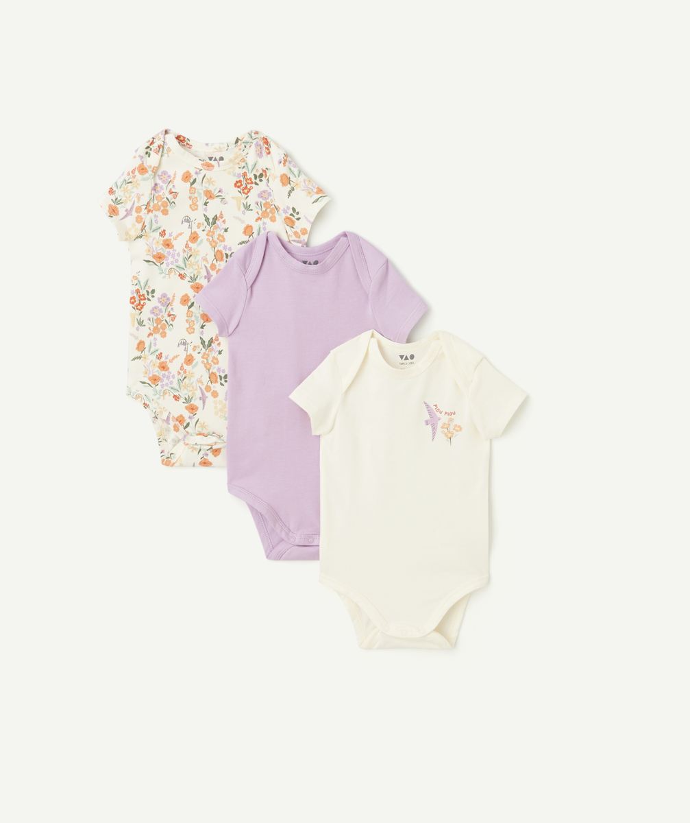 Lot de 3 bodies manches courtes en coton bio uni écru et imprimé à fleurs - 18 M