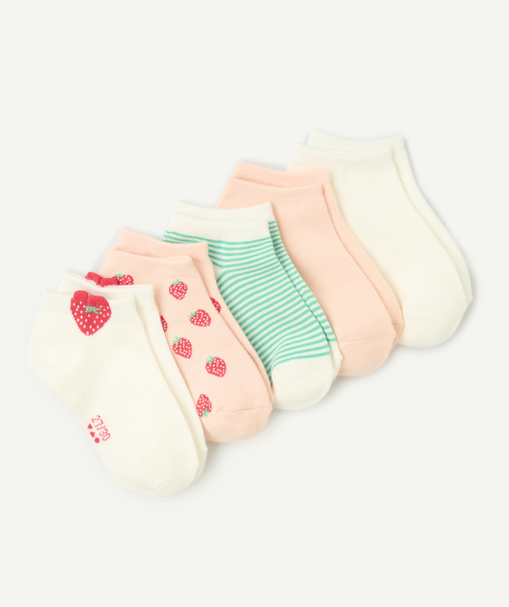 Lot de 5 socquettes fille rose blanc et vert thème fraises - 38-40
