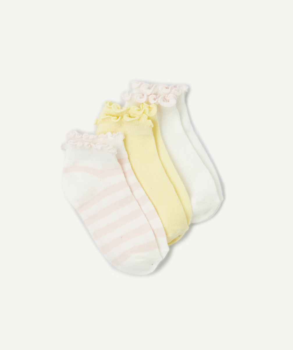 Lot de 3 paires de socquettes fille rose blanc et jaune avec festons - 27-30