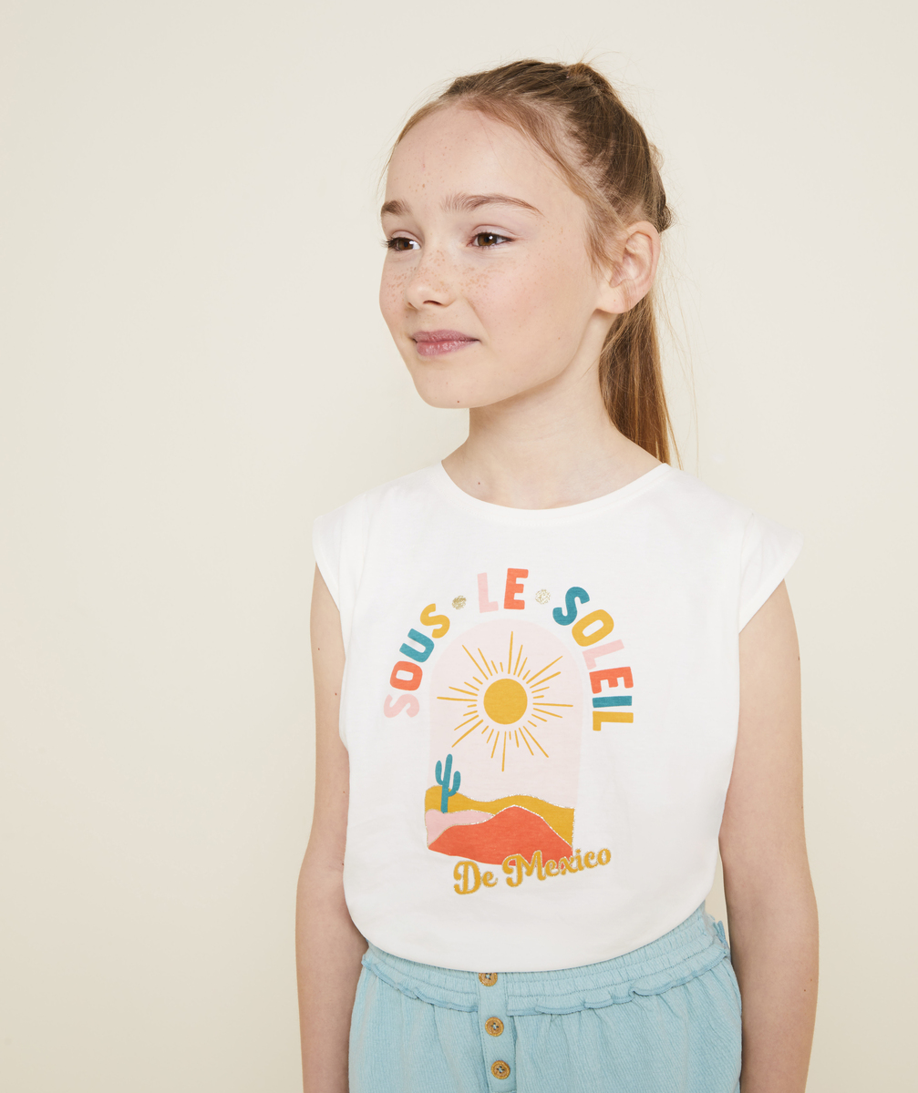 T-shirt sans manches en coton bio blanc motif soleil - 5 A