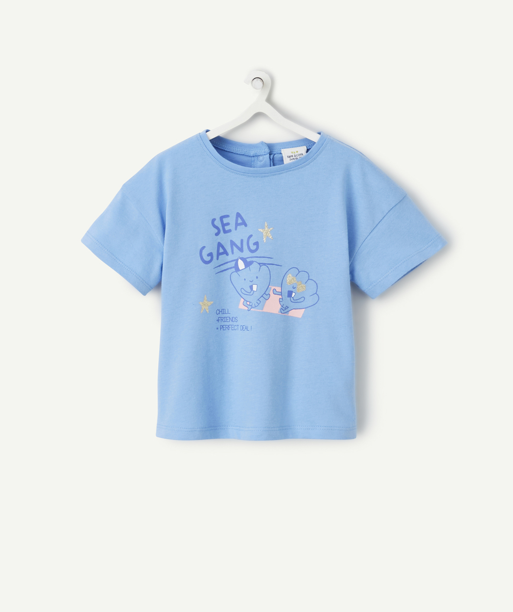 T-shirt bébé fille en coton bio bleu avec motifs coquillages et étoiles pailletées - 12 M