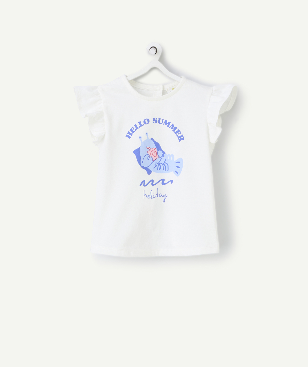 T-shirt manches courtes bébé fille en coton bio blanc motif crevette - 9 M