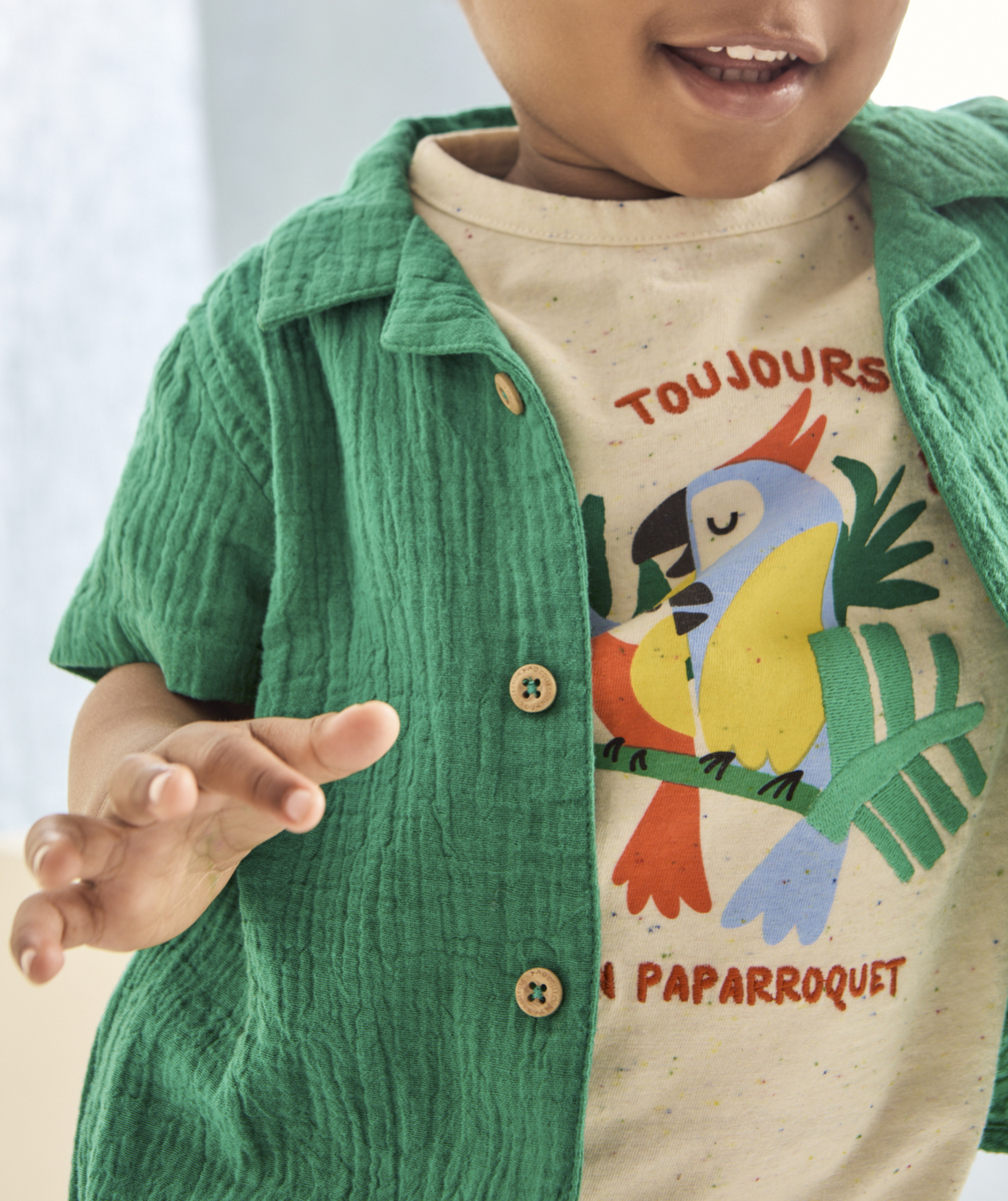 T-shirt manches courtes bébé garçon beige imprimé mouchetés de couleurs et motif oiseaux - 24 M