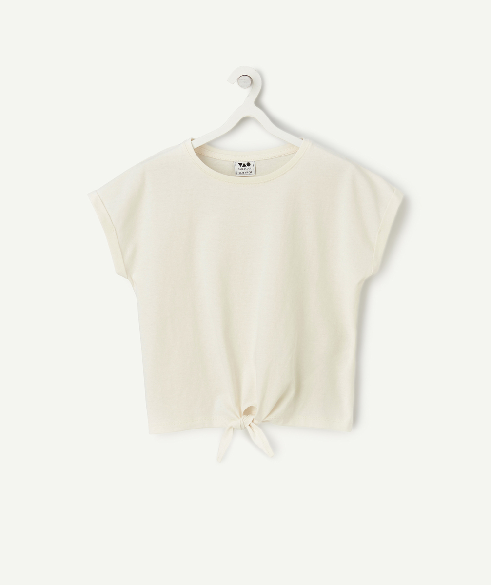 T-shirt manches courtes fille en coton bio écru avec noeud - 6 A