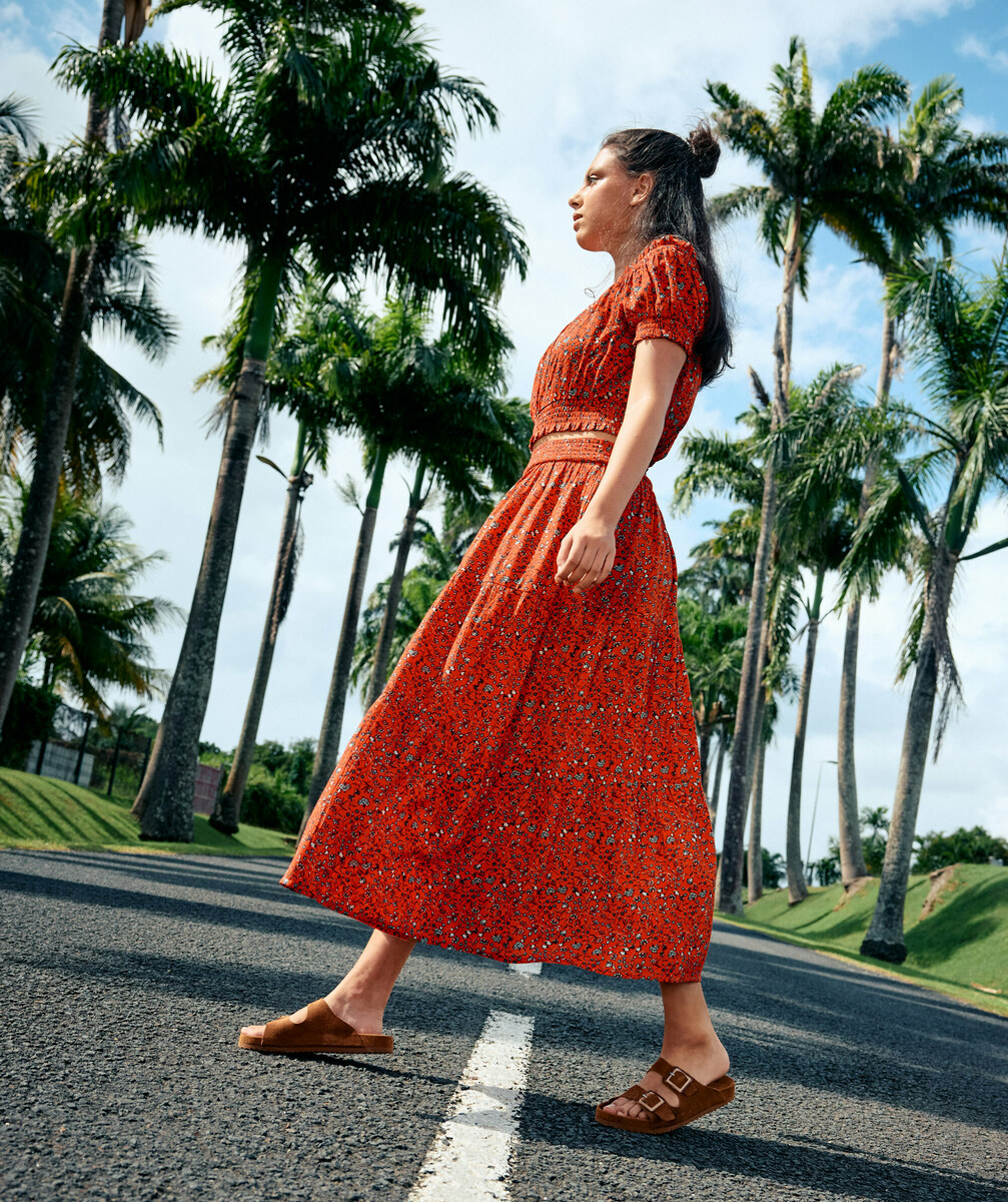 Top élastiqués fille en viscose responsable rouge imprimé à fleurs - XXS