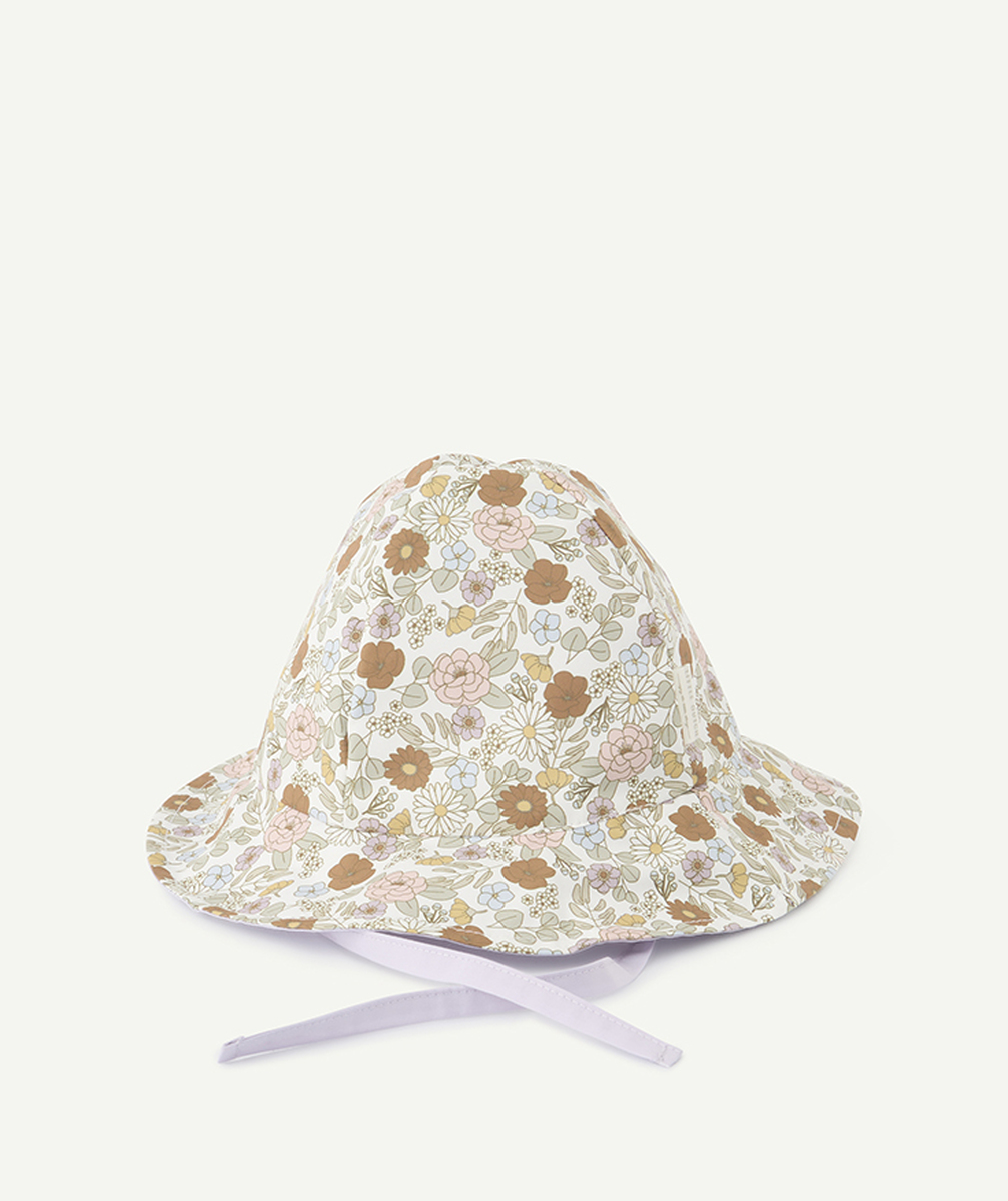 chapeau réversible bébé fille kaki et mauve imprimé à fleurs - 3-12m