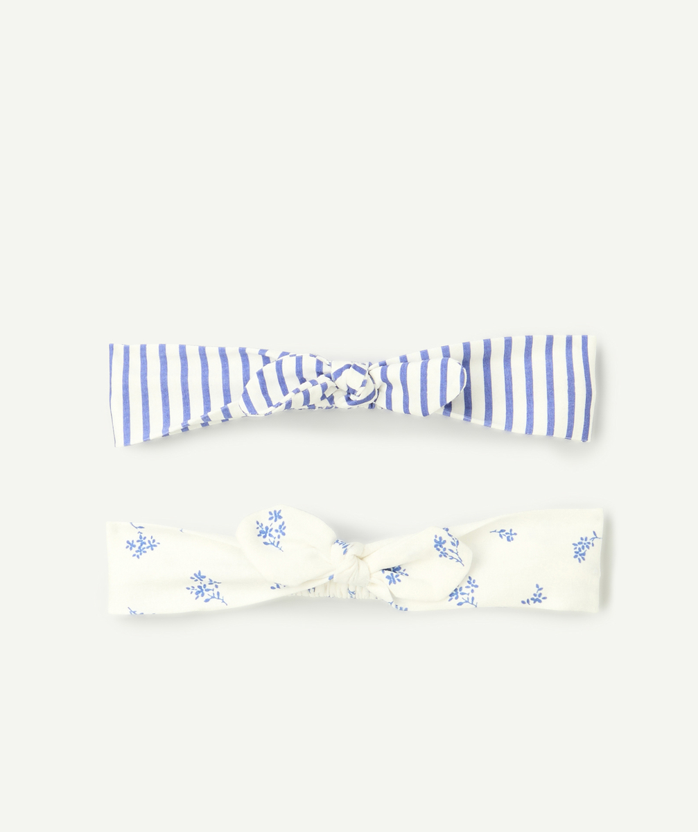 Lot de 2 bandeaux bébé fille en coton bio avec rayures et fleurs bleues - TU