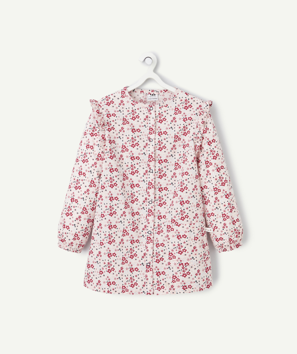 Tablier fille rose pâle imprime fleurs rose et rouge - 5-6 A
