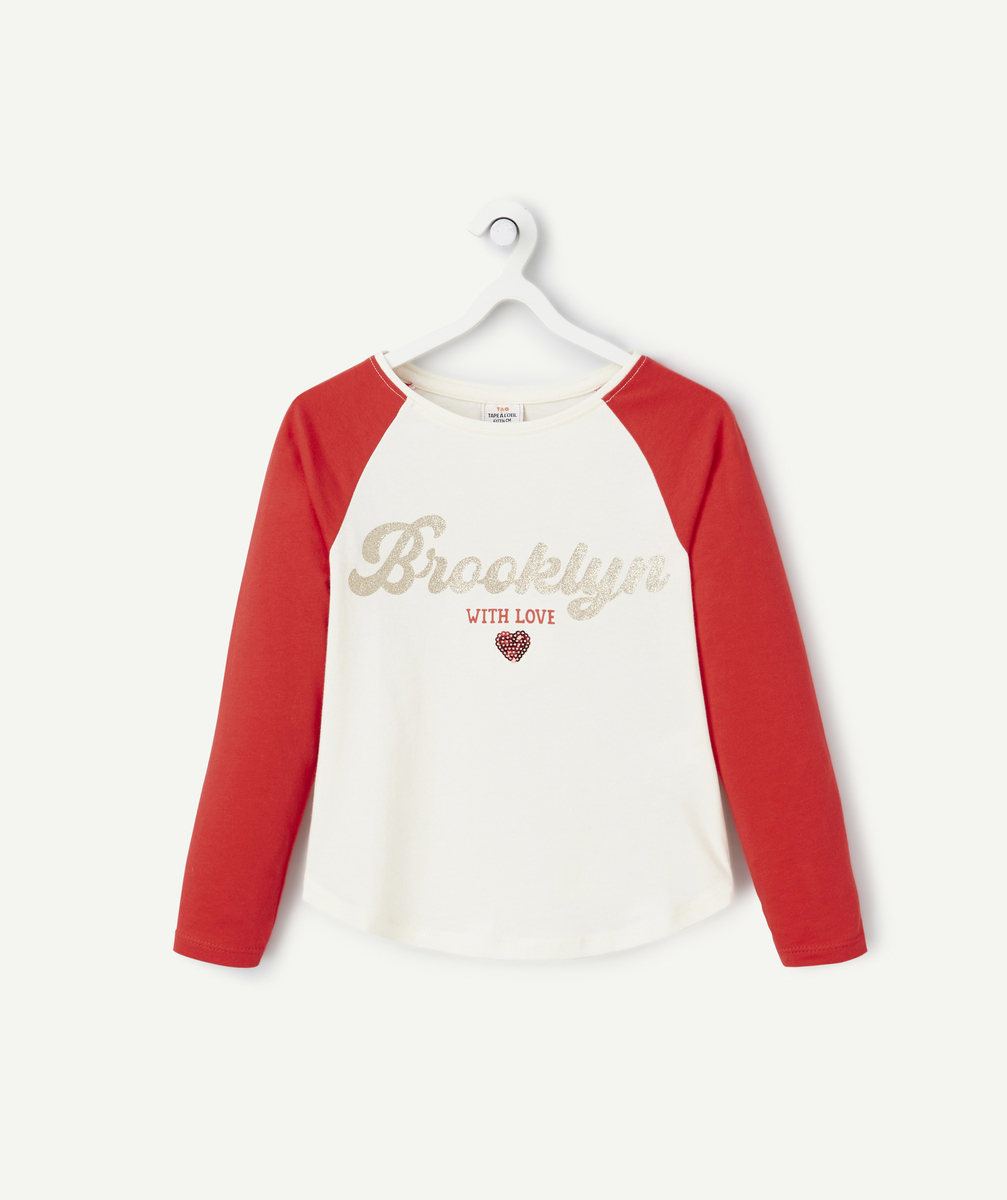 T-shirt fille en coton bio écru et rouge avec message pailleté - 6 A