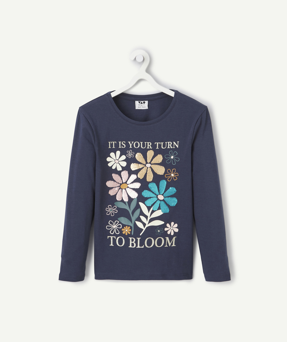 T-shirt fille en coton bio bleu marine avec fleurs en sequins réversibles - 4 A