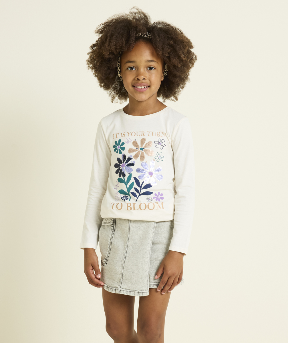 T-shirt manches longues fille en coton bio écru motif fleurs - 6 A