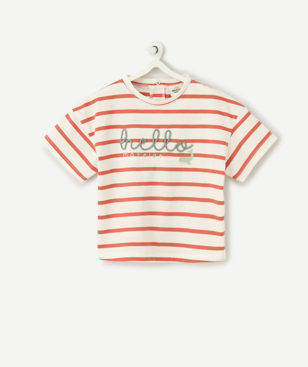 T-shirt manches courtes bébé garçon en coton bio marinière rouge et écru avec message sur le devant - 12 M