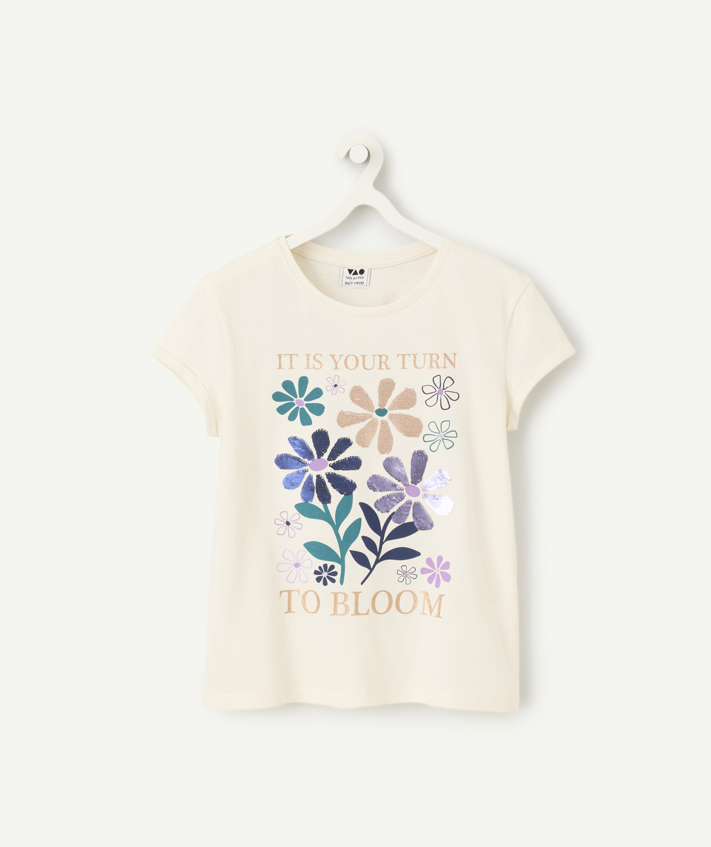 T-shirt fille en coton bio écru avec fleurs en sequins réversibles - 8 A