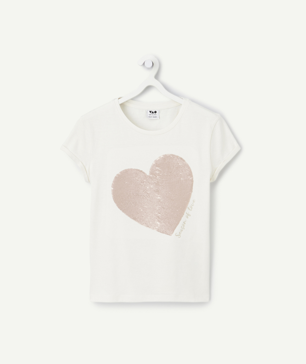 T-shirt manches courtes fille en coton bio écru avec cœur sequins - 8 A
