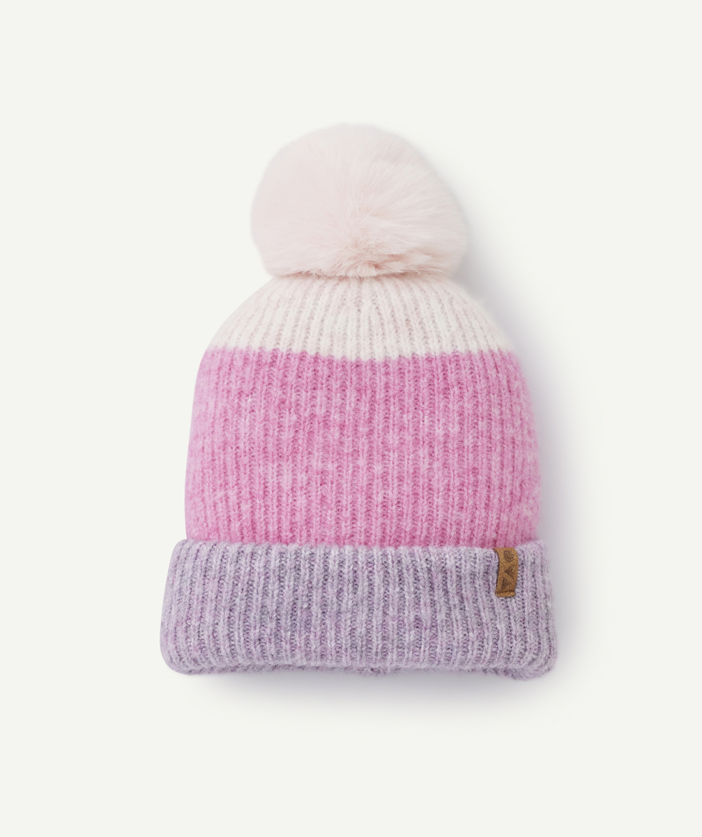 Bonnet fille en fibres recyclées tricolore avec pompon - 6-8 A
