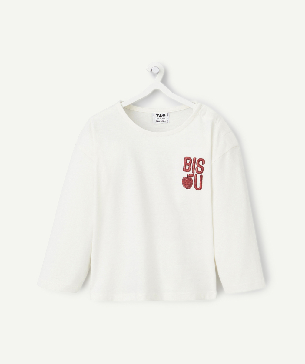T-shirt bébé fille manche longue en coton bio écru avec message brodé rouge - 9 M