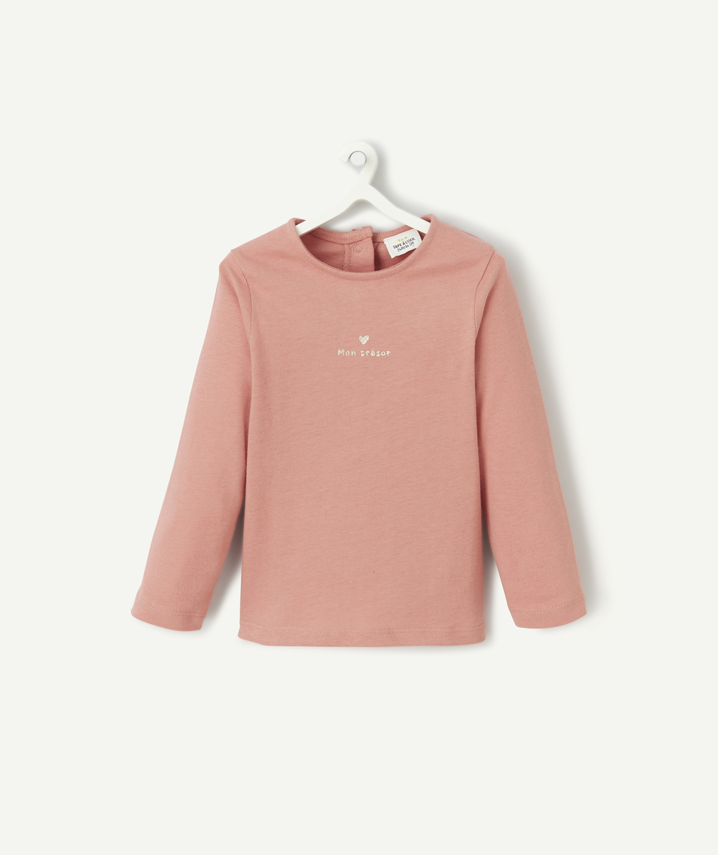 T-shirt manches longues bébé fille en coton bio rose avec message mon trésor - 9 M