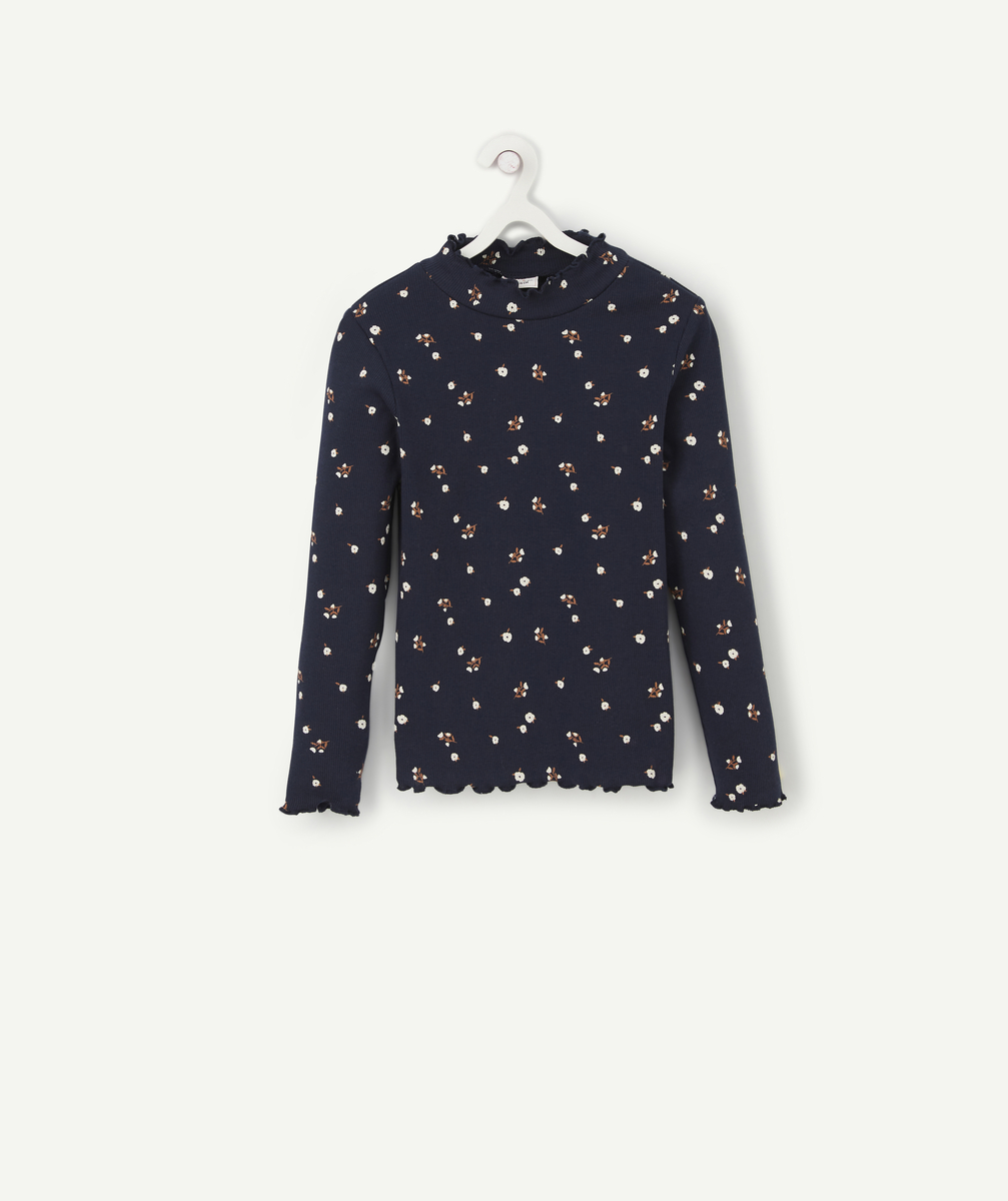 Sous-pull bleu marine côtelé col montant et imprimé fleuri fille - 12 A