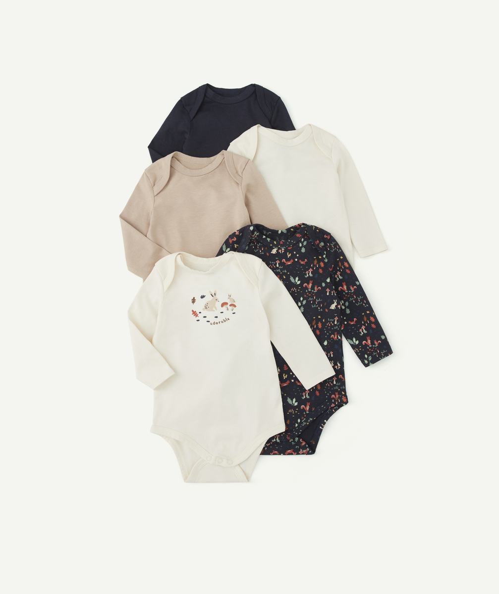 Lot de 5 bodies bébé en coton bio bleu et beige - 0 M