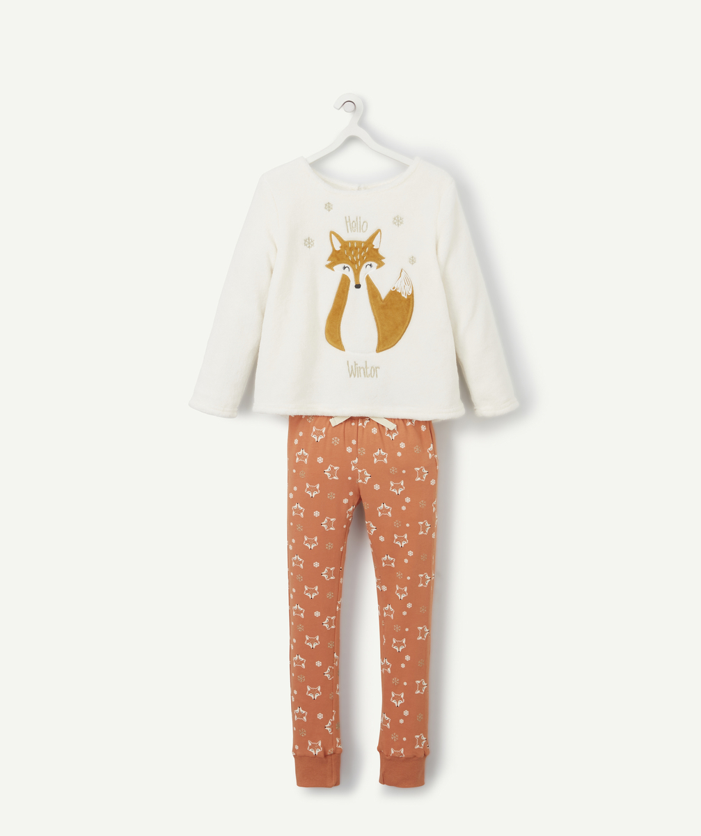 Pyjama fille orange en polaire blanc avec renard et détails couleur dorée - 3 A